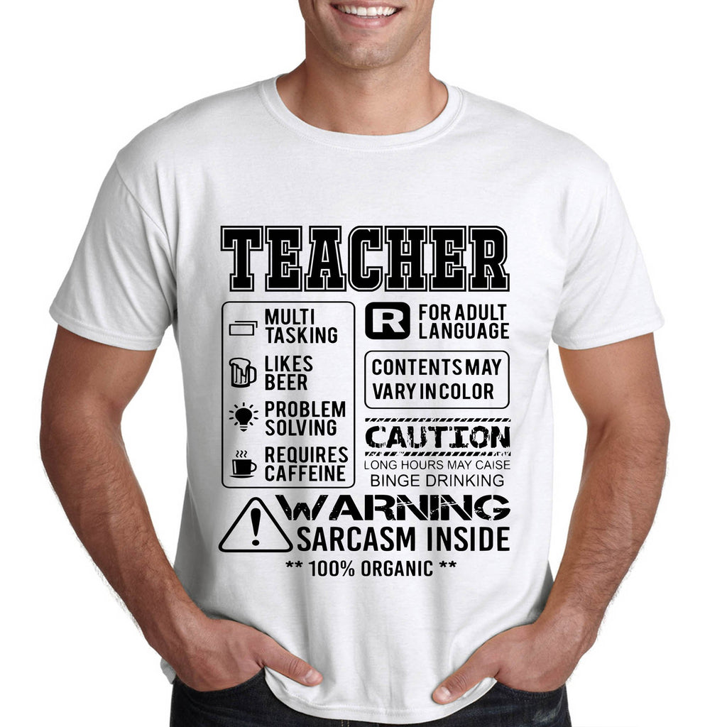 Внимание!!! Учител - съдържа сарказъм - забавна тениска за учител - Printo.bg