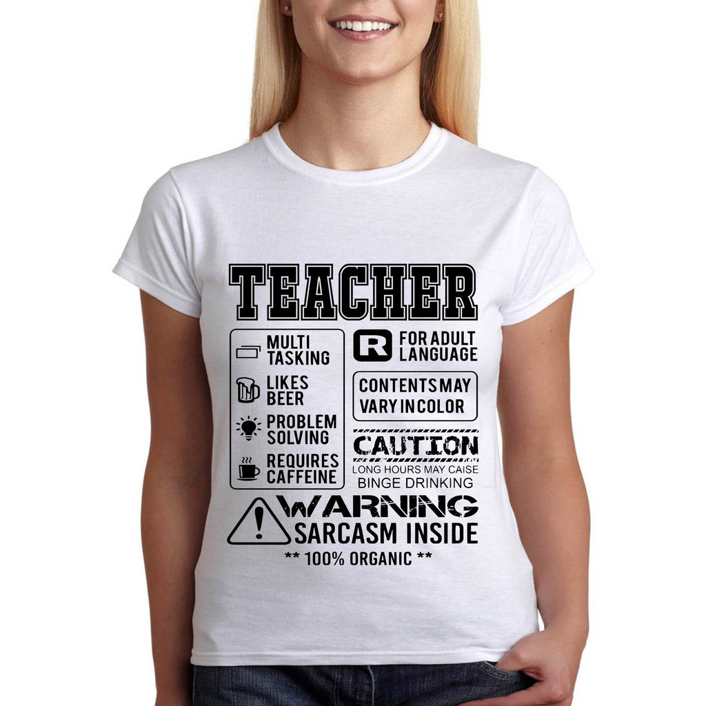 Внимание!!! Учител - съдържа сарказъм - забавна тениска за учител - Printo.bg