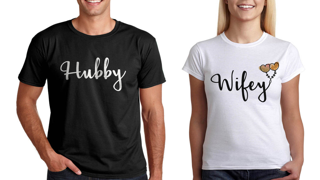 Подарък за св Валентин Тениски за Двойки Комплект "Hubby And Wifey"