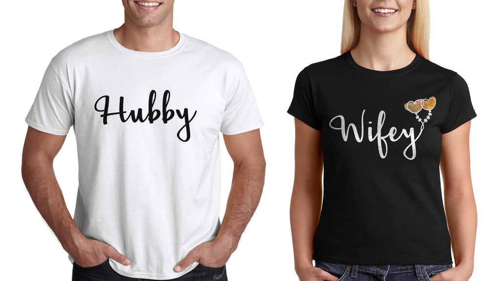 Подарък за св Валентин Тениски за Двойки Комплект "Hubby And Wifey"